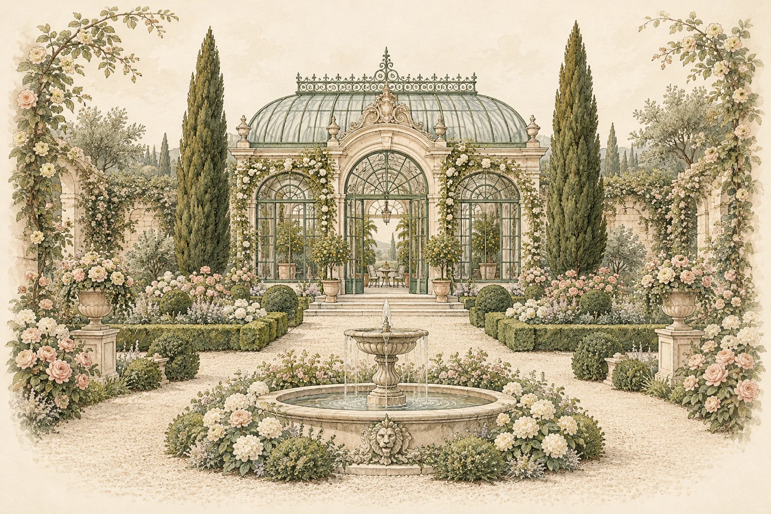A watercolor illustration of a glass conservatory, rose gardens and a stone fountain