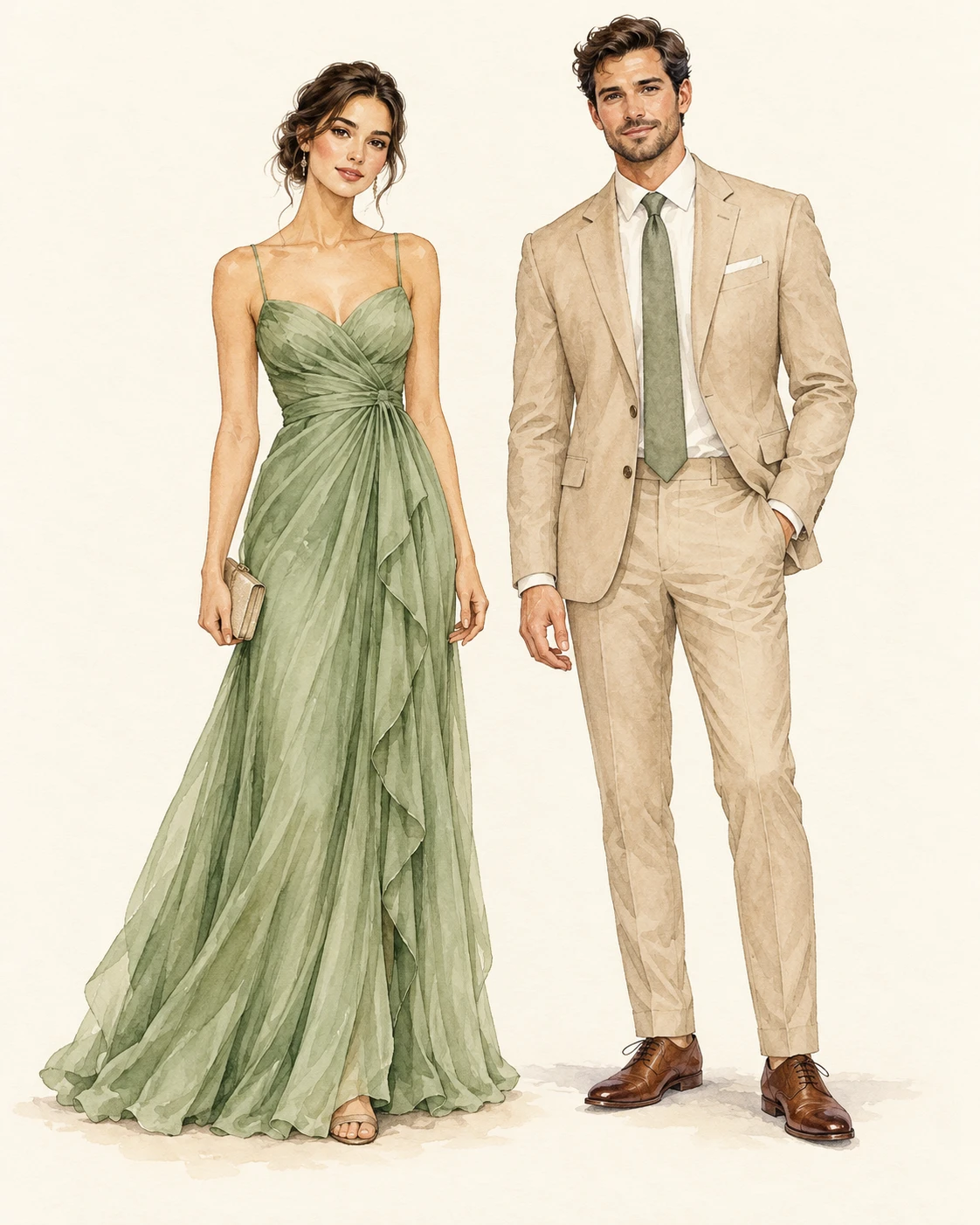 Garden formal outfit guide: a sage floor-length gown and a tailored sand suit with brown dress shoes